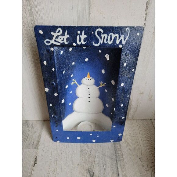 Unique metal tea light Let It Snow snowman candle holder Xmas decor - Picture 2 of 9